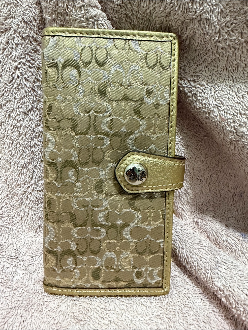 Coach Signature Canvas Continental Wallet in Gold and Tan
